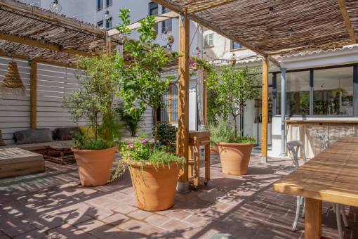 Green terrace with dining area