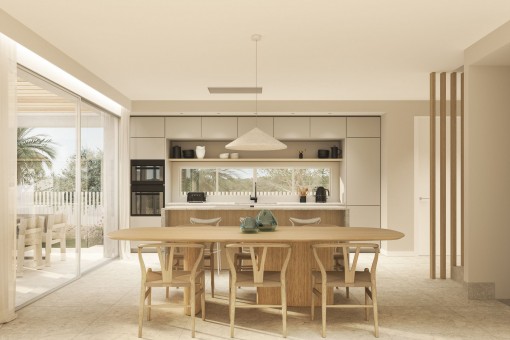 Open kitchen with dining area