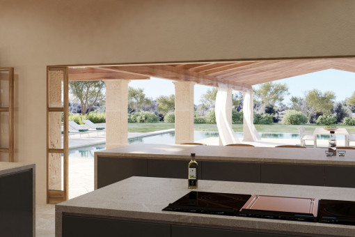 Kitchen with pool view