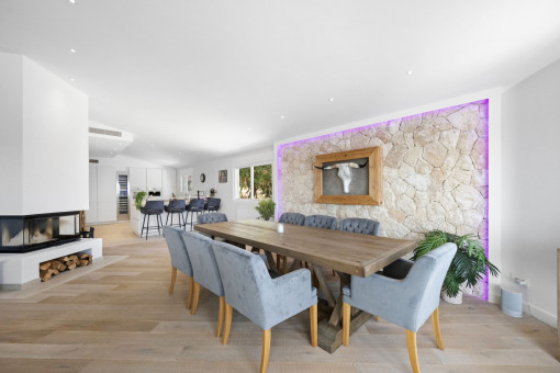 Dining area with fireplace