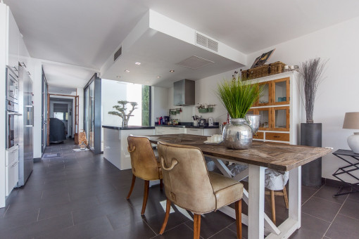 Open kitchen and dining area