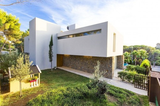 Exterior view of the villa with natural stone elements