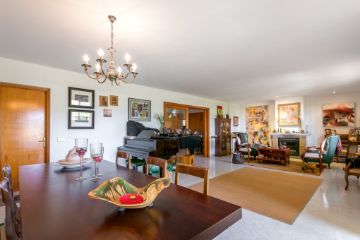 Living and dining area with fireplace