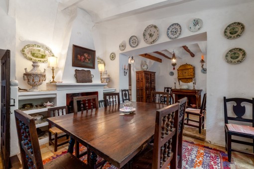 Traditional dining area with fireplace