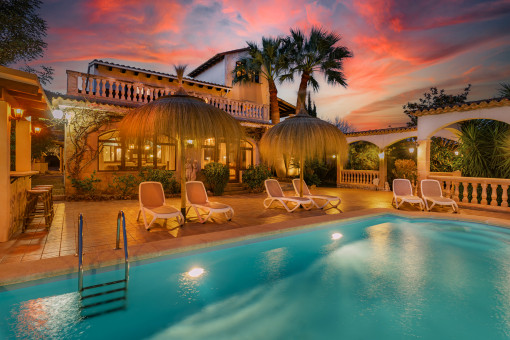 The pool area at night