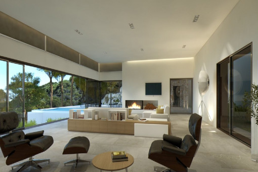 Living area with large window facade