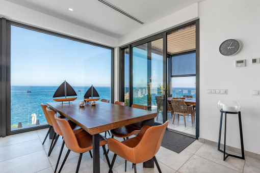 Bright dining area with sea views