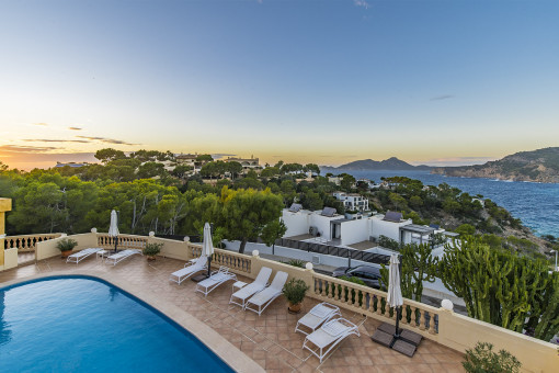 Pool area at sunset