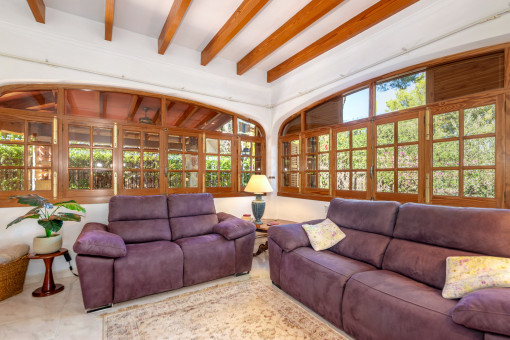 Living area with wooden beams