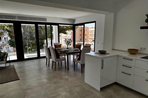 Modern kitchen and dining area