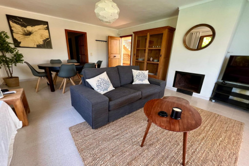 Living and dining room with fireplace