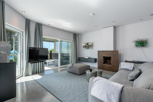 Living area with floor-to-ceiling windows