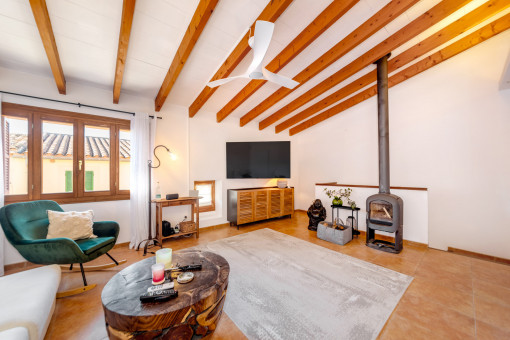 Cozy living area with fireplace on the first floor